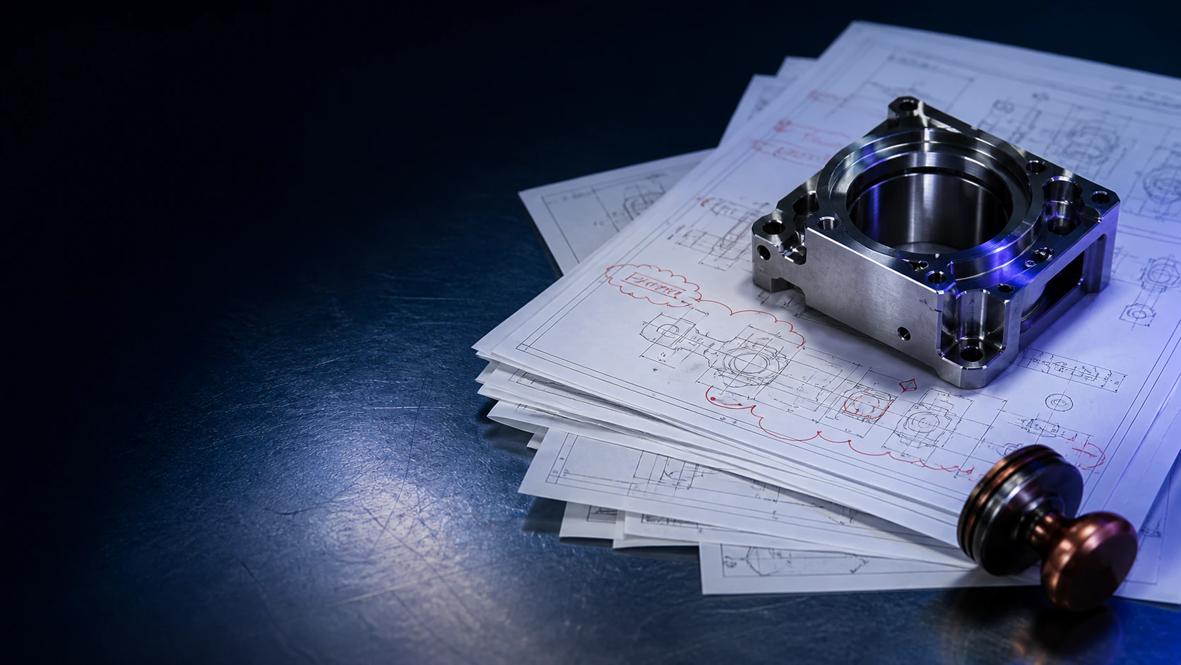 Marked drawing revisions and machined component beside a change-control stamp.