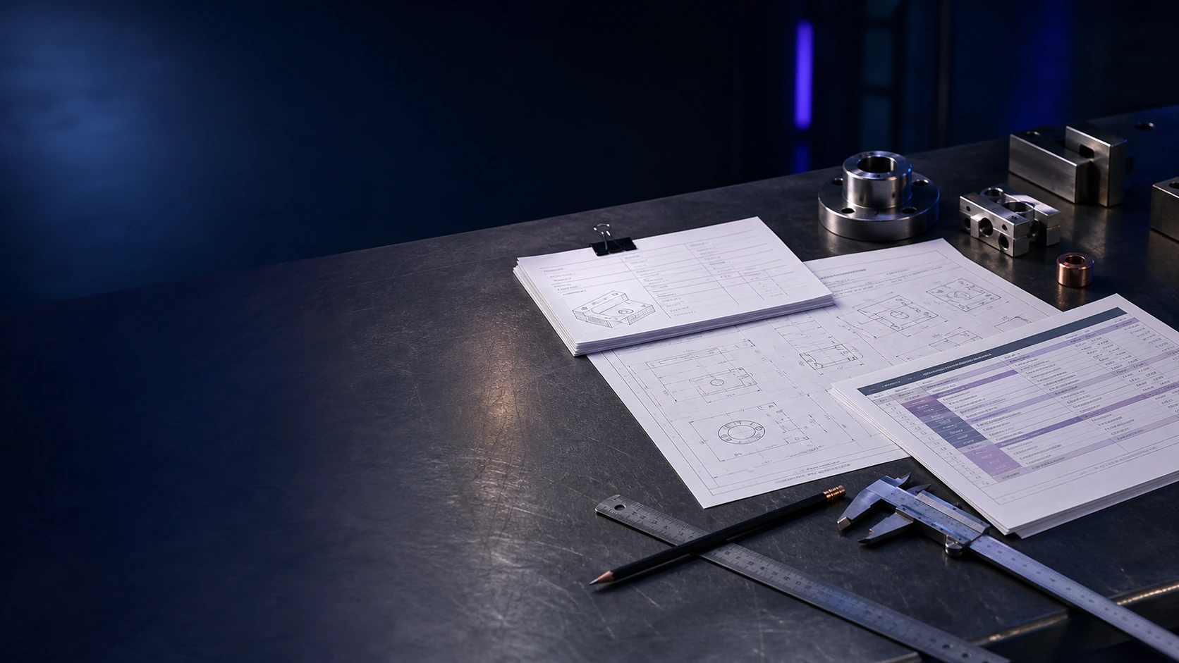 Fabrication drawings, estimating sheets, measuring tools, and machined parts on a dark workbench.