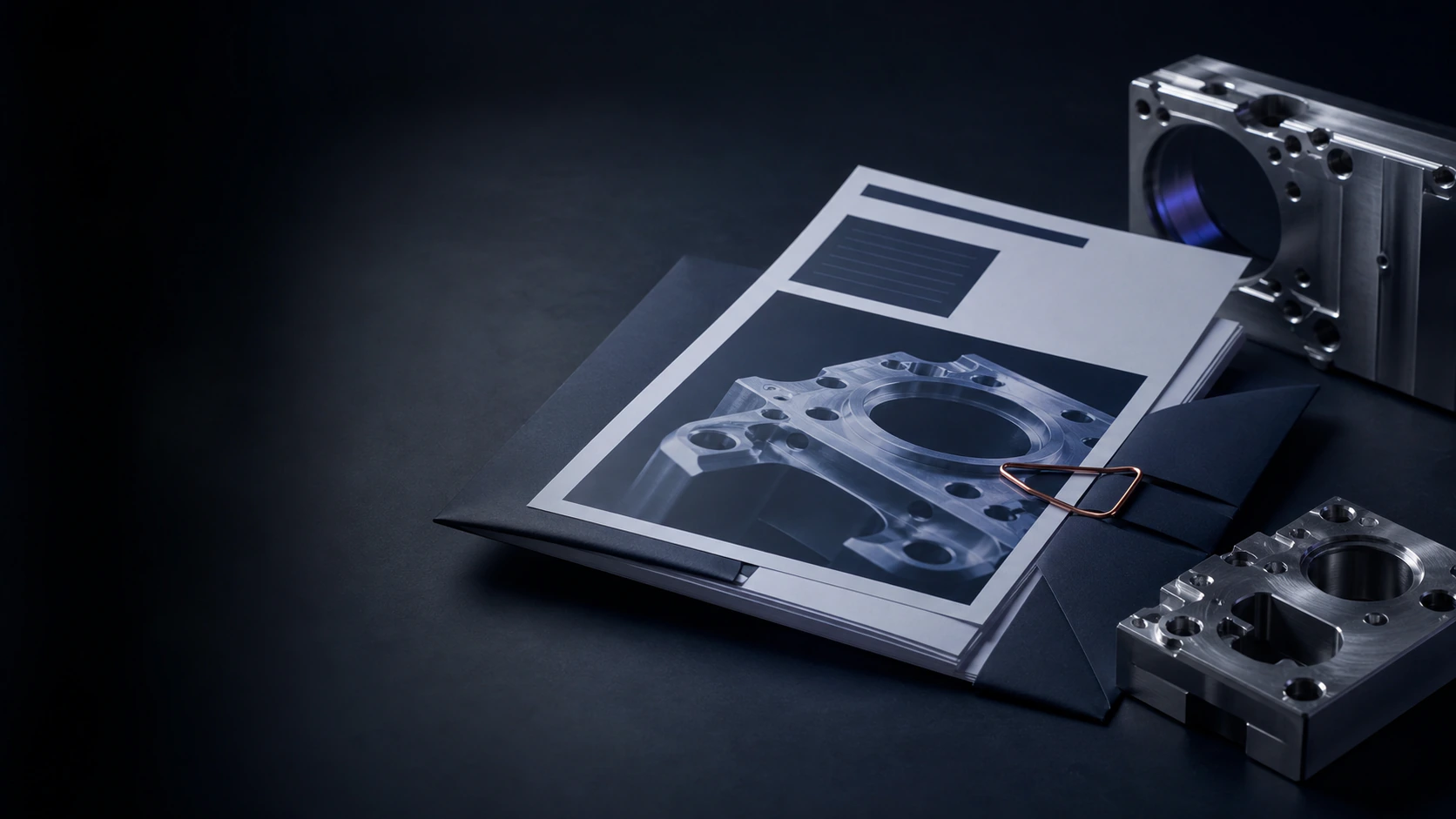 RFQ document pack beside precision-machined metal components on a dark workbench.