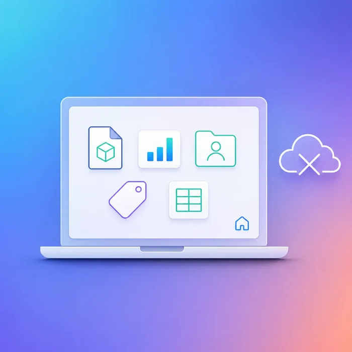 Local device containing drawings, rate data, margin charts, and customer records with crossed-out cloud icon